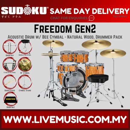 Sudoku Freedom Gen2 Acoustic Drum Set with Cymbals, Throne, Double Pedal - Drummer Pack