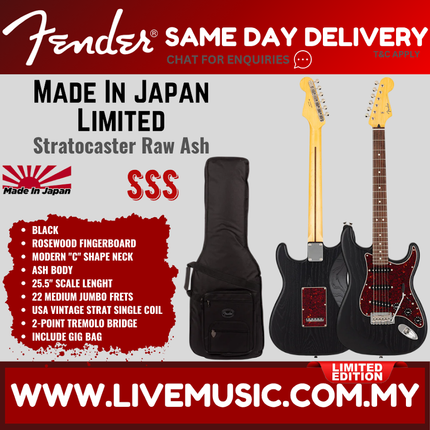 Fender MIJ Limited Stratocaster Electric Guitar, RW FB, Raw Ash Black