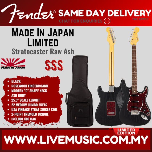 Fender MIJ Limited Stratocaster Electric Guitar, RW FB, Raw Ash Black