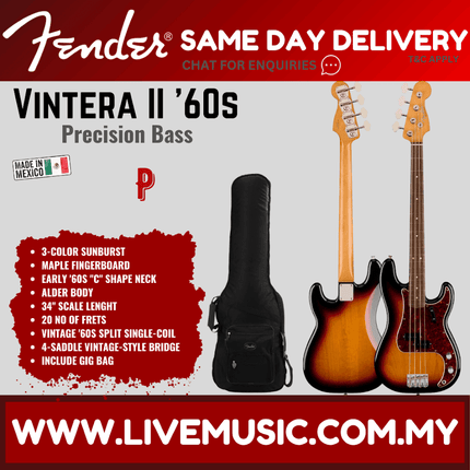 Fender Vintera II 60s Precision Bass Guitar, RW FB, 3-Tone Sunburst
