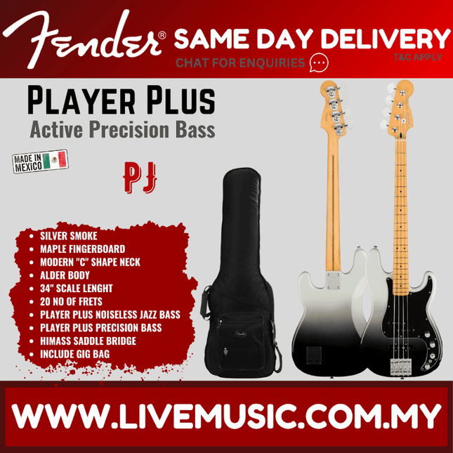 Fender Player Plus Precision Bass Guitar, Maple Fretboard - Silver Smoke