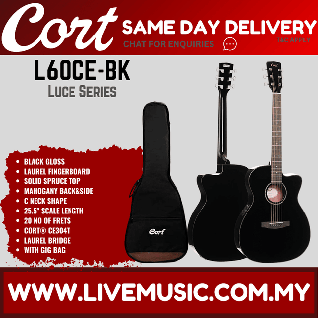 Cort L60CE Acoustic Electric Guitar w/ Gig Bag, laurel Fingerboard - Black