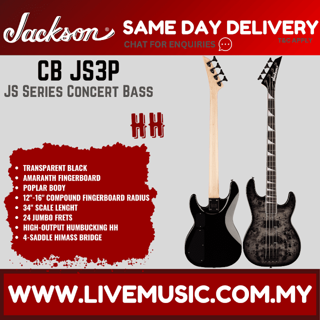 Jackson JS Series Concert Bass CB JS3P Bass Guitar, Amaranth FB - Black Burst Burl/Transparent Black