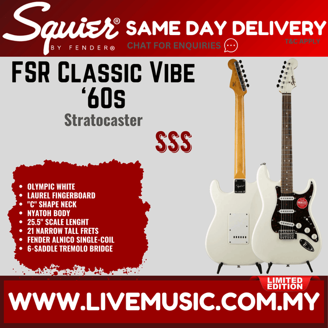 Squier FSR Classic Vibe 60s Stratocaster Electric Guitar, Laurel FB, Olympic White