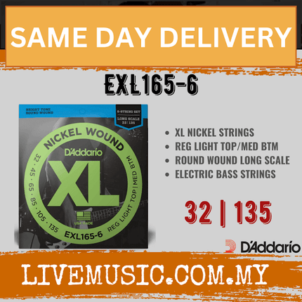 D'Addario EXL165-6 - Nickel Wound 6-String Bass Strings, Custom Light, Long Scale (32-135)(DAddario/EXL165)