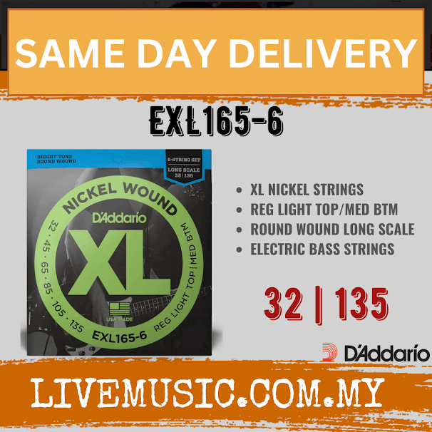 D'Addario EXL165-6 - Nickel Wound 6-String Bass Strings, Custom Light, Long Scale (32-135)(DAddario/EXL165)
