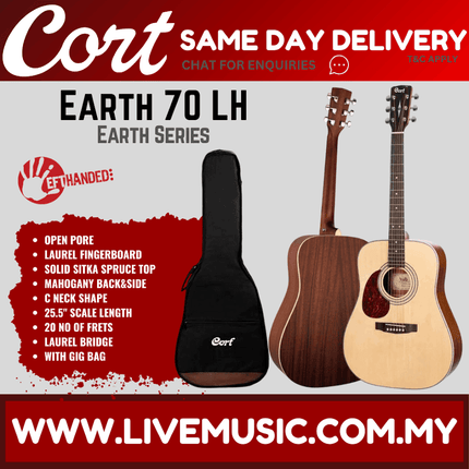 Cort Earth70 Left-Handed Acoustic Guitar with Bag - Natural Satin (Earth 70/Earth-70)