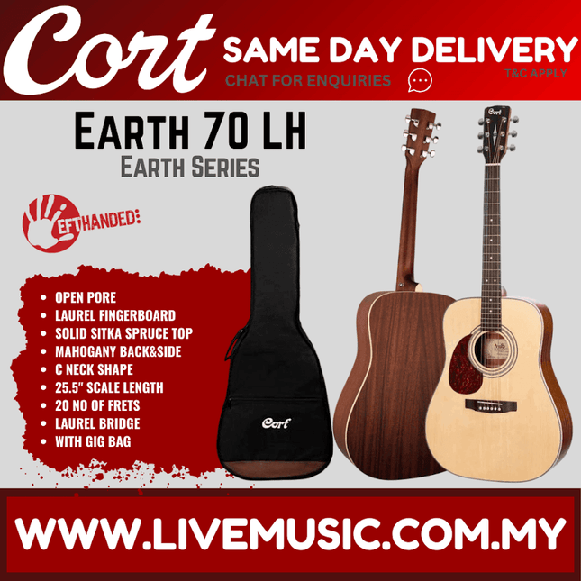 Cort Earth70 Left-Handed Acoustic Guitar with Bag - Natural Satin (Earth 70/Earth-70)
