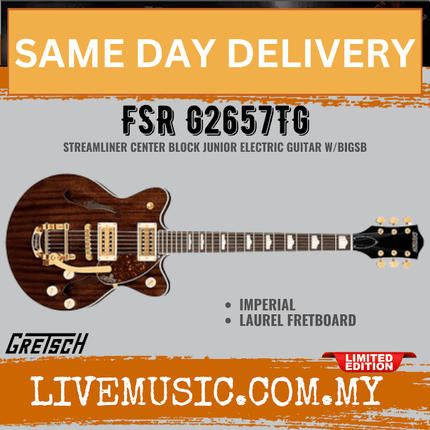 Imperial dark brown junior electric guitar with Bigsby-style tremolo and dual humbuckers