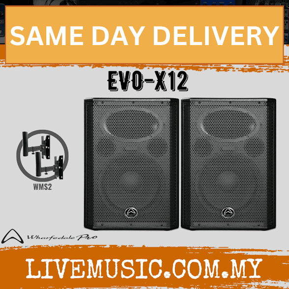 Black 12-inch 2-way passive loudspeaker pair, EVO-X12 cabinets with perforated grilles