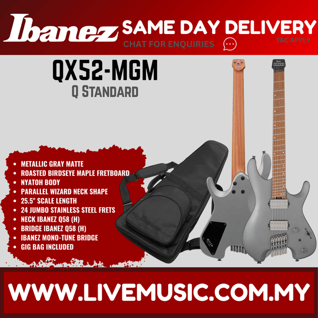 Ibanez Quest Series QX52 Headless Electric Guitar, Roasted Maple Fretboard - Metallic Gray Matte (QX-52/QX52-MGM)