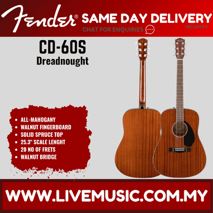 Fender CD-60S Dreadnought Acoustic Guitar - Black / Natural / All Mahogany ( CD60S / CD 60S )