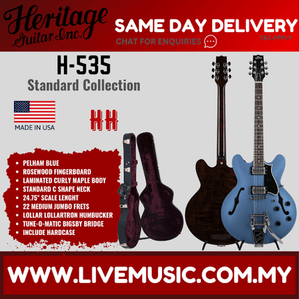 Heritage Standard Collection H-535 Electric Guitar w/Case, Pelham Blue, Bigsby ( H535 H 535 )