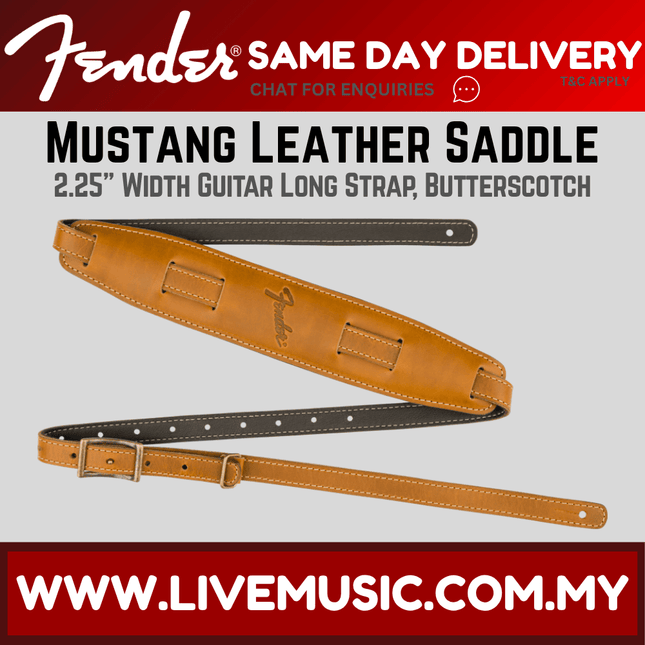 Butterscotch leather guitar saddle strap with dark lining and buckle hardware