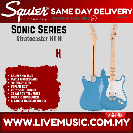 Squier Limited Edition Sonic Stratocaster HT H Electric Guitar w/White Pickguard, Maple FB, California Blue