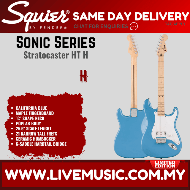 Squier Limited Edition Sonic Stratocaster HT H Electric Guitar w/White Pickguard, Maple FB, California Blue