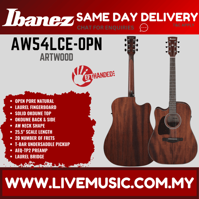 Ibanez Artwood AW54LCE-OPN Left-Handed Acoustic-Electric Guitar - Open Pore Natural ( AW54LCE OPN / AW54LCEOPN )