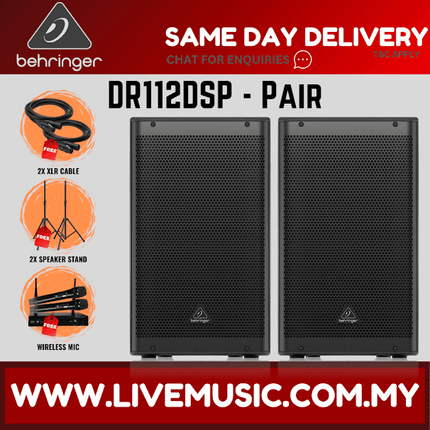 Behringer DR112DSP 1200W 12" Powered Speaker with Bluetooth w/Wireless Mic,Speaker Stand & Cable - (DR-112DSP DR 112DSP)