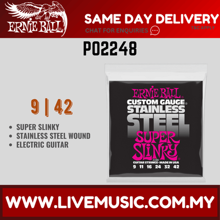 Ernie Ball 2248 Super Slinky Stainless Steel Wound Electric Guitar Strings, 9-42 Gauge