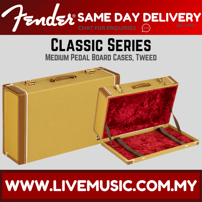 Medium tweed pedalboard case with tan exterior and red-lined open lid, gold latches