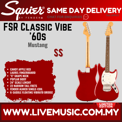 Squier FSR Classic Vibe 60s Mustang Electric Guitar Laurel FB, Candy Apple Red