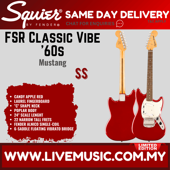 Squier FSR Classic Vibe 60s Mustang Electric Guitar Laurel FB, Candy Apple Red