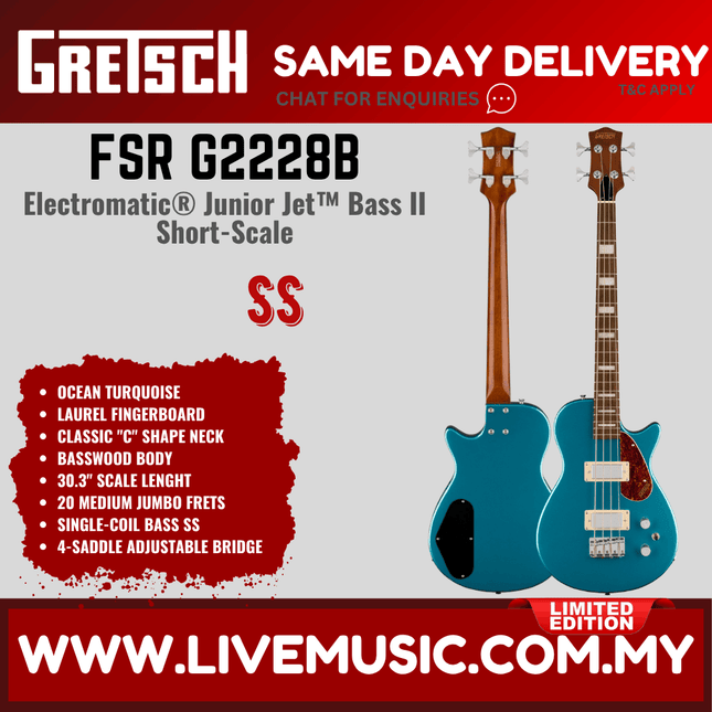 Gretsch FSR G2229B Electromatic Junior Jet Bass II Guitar - Ocean Turquoise