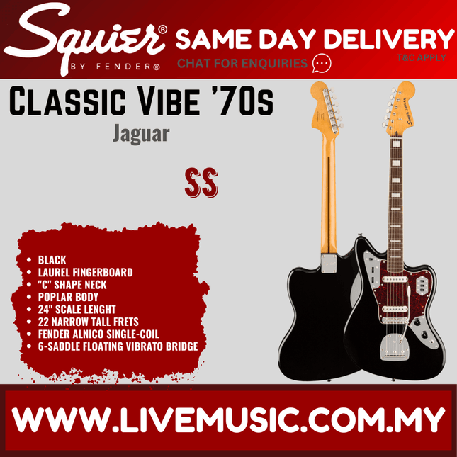 Squier Classic Vibe 70s Jaguar Electric Guitar, Laurel Fingerboard - Black