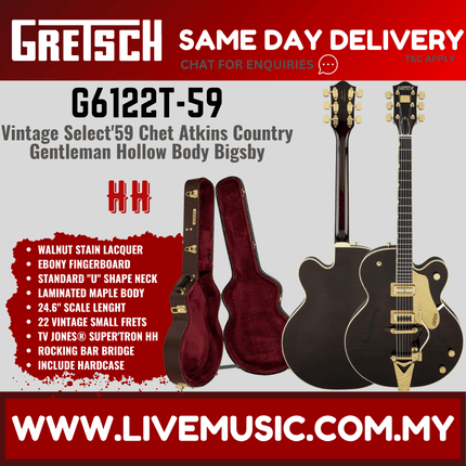 Gretsch G6122T-59GE Vintage Select Country Gentleman Hollowbody Electric Guitar, Walnut Stain