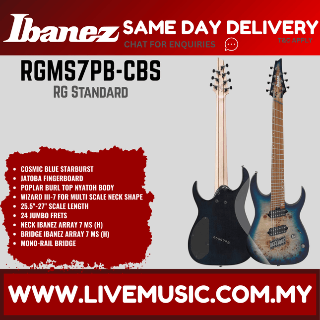 Ibanez RGMS7PB-CBS RG Series 7 Strings Electric Guitar, Cosmic Blue Starburst (RGMS7PBCBS/RGMS7PB CBS)