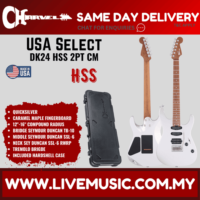 Charvel USA Select DK24 HSS 2PT CM QM Electric Guitar, Caramelized Maple FB, Quicksilver