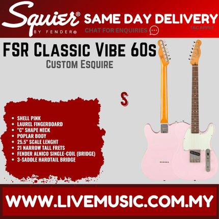 Squier FSR Classic Vibe 60s Custom Esquire Electric Guitar, Laurel FB, Shell Pink