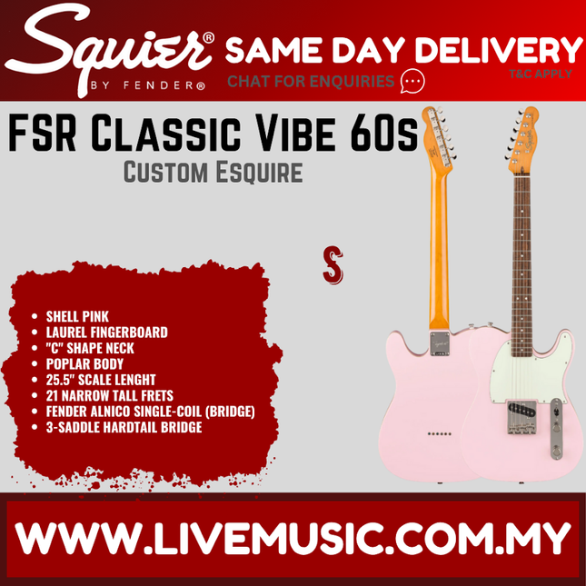 Squier FSR Classic Vibe 60s Custom Esquire Electric Guitar, Laurel FB, Shell Pink