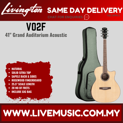 Livingston V02F EQ 41" Solid Top Grand Auditorium Acoustic-Electric Guitar, RW FB - Natural ( V-02F V 02F  )
