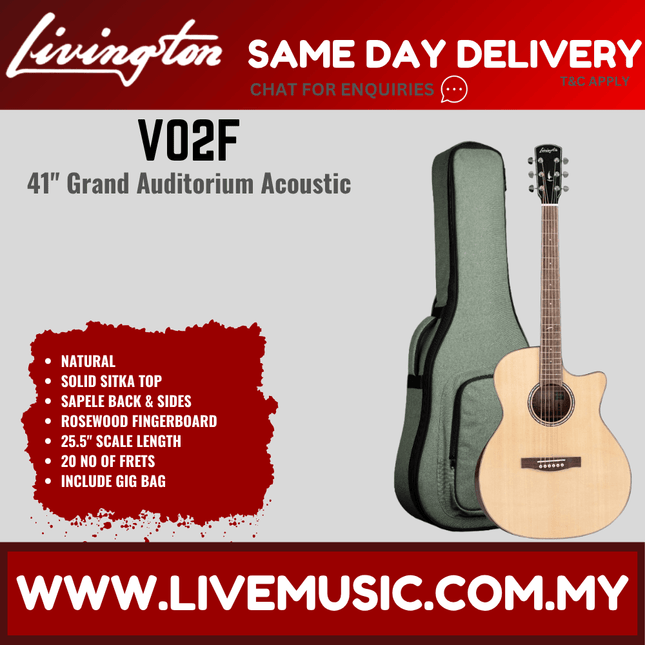 Livingston V02F EQ 41" Solid Top Grand Auditorium Acoustic-Electric Guitar, RW FB - Natural ( V-02F V 02F  )