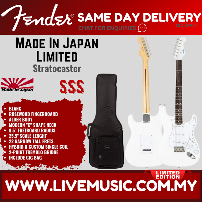 Fender MIJ Limited Stratocaster Electric Guitar, RW FB, Blanc