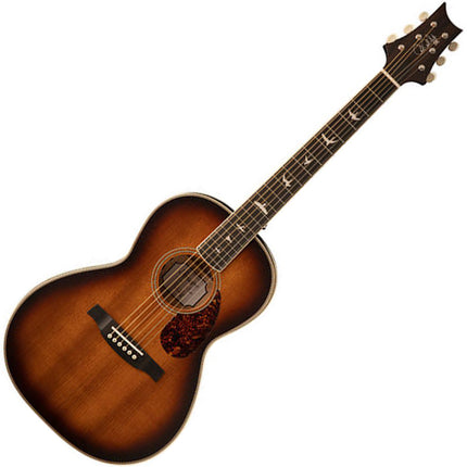 Tobacco sunburst parlor acoustic guitar side view, pickguard and headstock visible