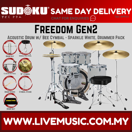 Sudoku Freedom Gen2 Acoustic Drum Set with Cymbals, Throne, Double Pedal - Drummer Pack