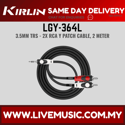 Kirlin LGY-364L 3.5mm TRS to Dual RCA Stereo Tip Ring LightGear Y Audio Adapter Cable Jack - 2 Meter Black(LGY 364L/LGY364L)