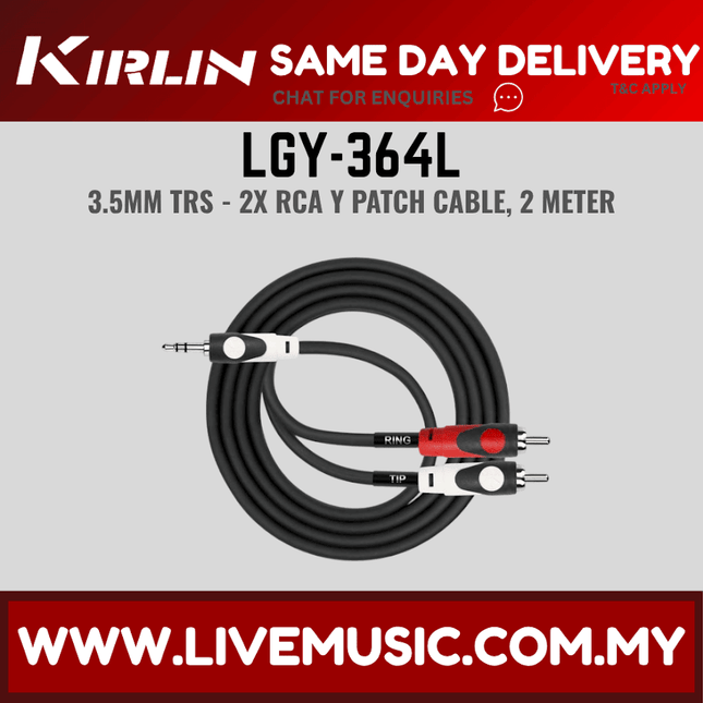Kirlin LGY-364L 3.5mm TRS to Dual RCA Stereo Tip Ring LightGear Y Audio Adapter Cable Jack - 2 Meter Black(LGY 364L/LGY364L)