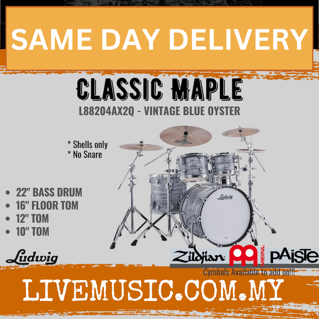 Ludwig L88204AX2Q Classic Maple 4-Piece Drum Kit (22B+16F+12T+10T), Vintage Blue Oyster
