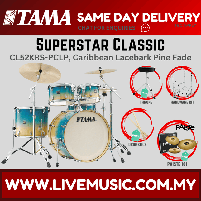 5-piece drum set with caribbean lacebark pine fade shells and cymbals