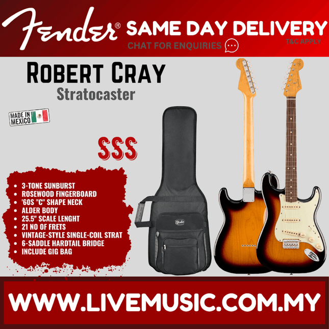 Fender Artist Robert Cray Stratocaster Guitar, Rosewood Fretboard with Deluxe Gig Bag - 3-Tone Sunburst