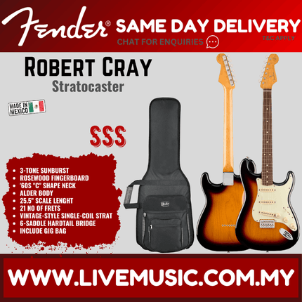 Fender Artist Robert Cray Stratocaster Guitar, Rosewood Fretboard with Deluxe Gig Bag - 3-Tone Sunburst