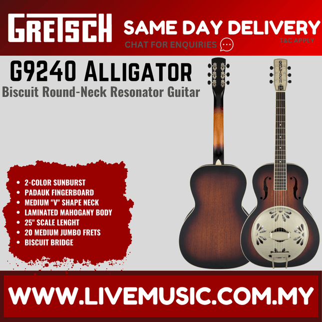 Gretsch G9240 Alligator Mahogany Round Neck Resonator Guitar, Padauk FB, 2-Color Sunburst