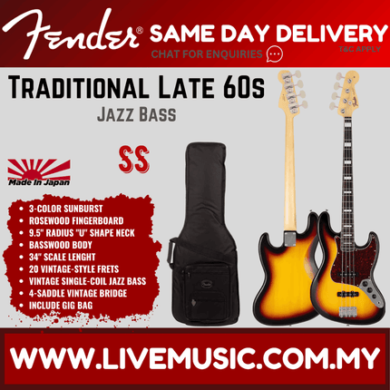Fender Japan Traditional Late 60s Jazz Bass Guitar, RW FB, 3-Tone Sunburst