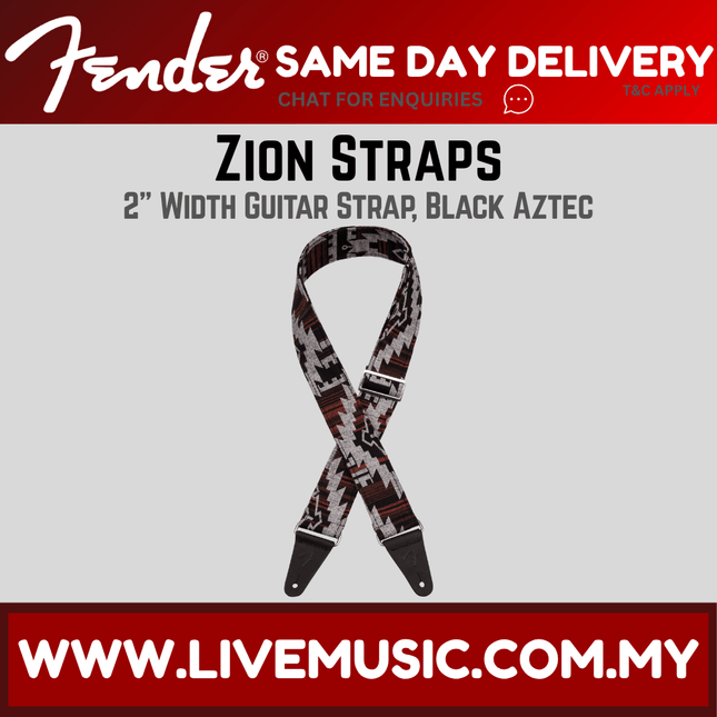 Fender 2-inch guitar strap with black Aztec pattern and leather-style ends.