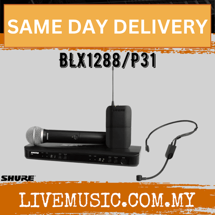 Shure BLX1288/P31 Dual Channel Combo Wireless System, BLX88 Receiver, BLX1 Bodypack Transmitter, BLX2/PG58 Handheld Cardioid Dynamic Mic & PG31 Cardioid Condenser Headset Mic ( BLX1288-P31 / BLX1288P3