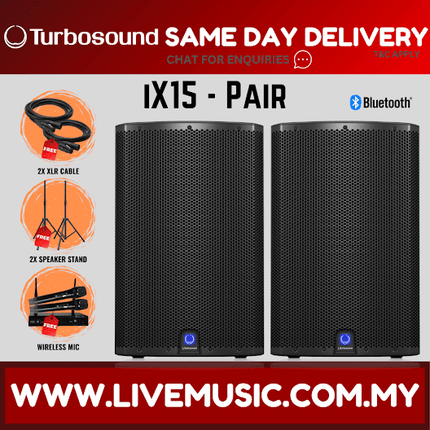 Turbosound iX15 2-Way 15" Powered Loudspeaker w/Wireless Mic, Speaker Stand And Cable - Pair ( iX-15 / iX 15 )