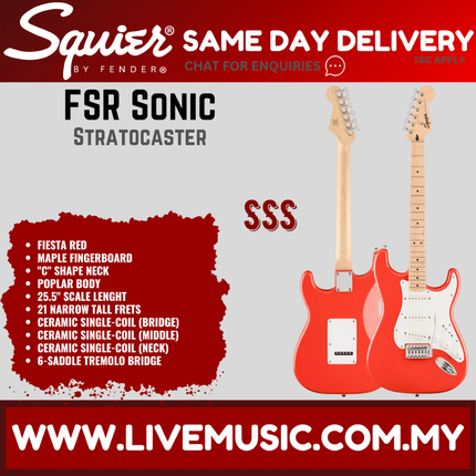 Squier FSR Sonic Stratocaster Electric Guitar w/White Pickguard, Maple FB, Fiesta Red
